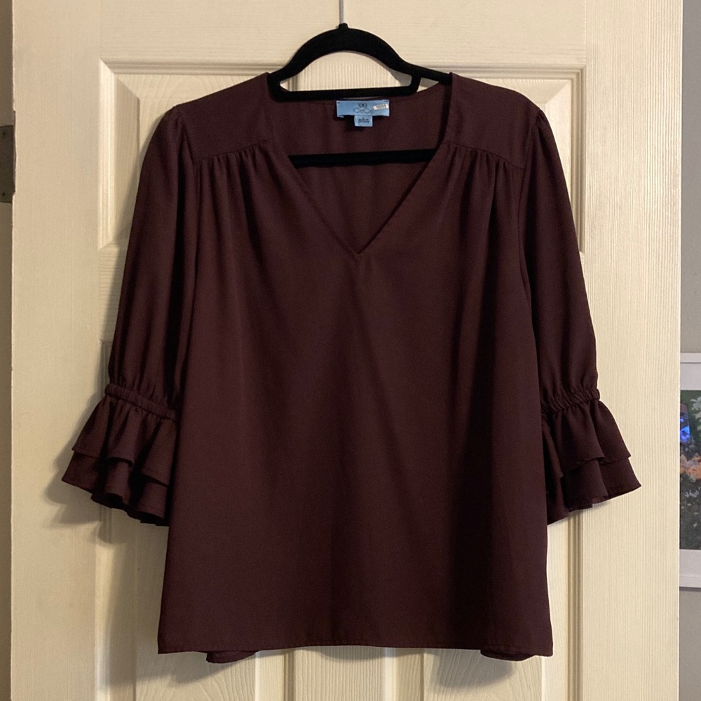 CeCe Deep Burgundy Ruffle Sleeve Blouse, large